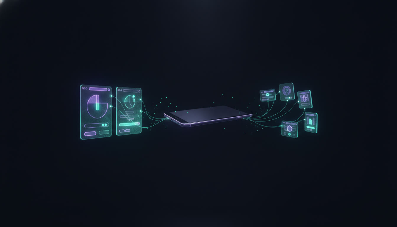 Floating smartphone linked to glowing web and mobile app interface panels, in violet and teal — Aetherian Intelligence web and mobile app development